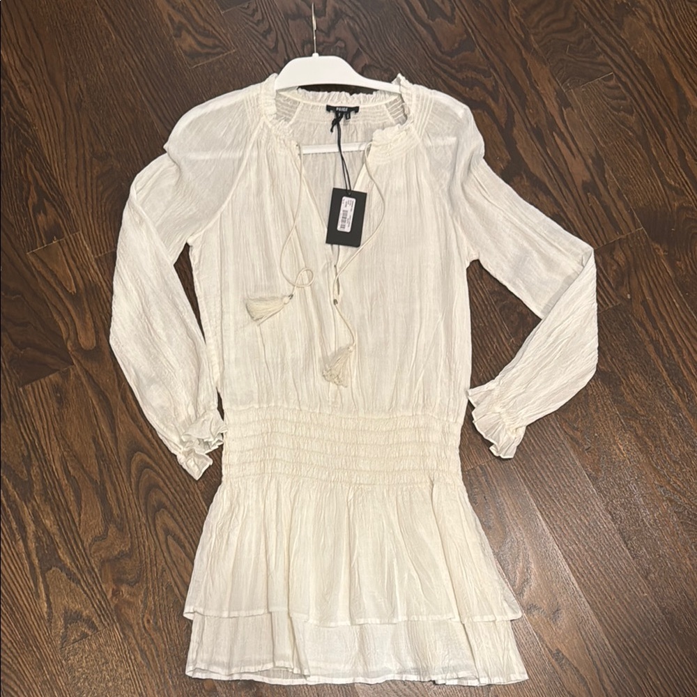 PAIGE Cream Sheath Dress with Bishop Sleeves and V-Neck